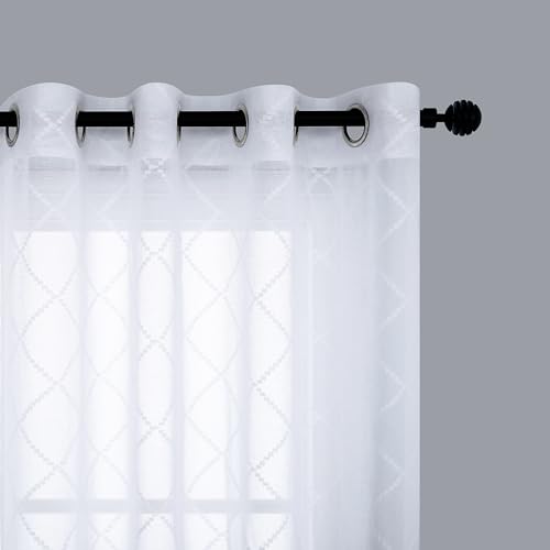 KOUFALL White Sheer Curtains 84 Inch Long for Bedroom Set 2 Panels Grommet Window Semi Voile Light Filtering Drape Embroidered Lattice Pattern Textured White Design Living Room Dining Room 84 Length