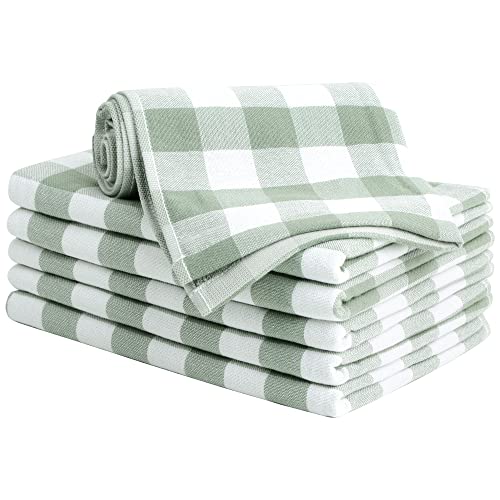 PiccoCasa 100% Cotton Terry Kitchen Towels Set of 6 Buffalo Plaid (13 x 29 Inch) Soft Absorbent Drying Dish Towels for Kitchen Cooking - Green, White