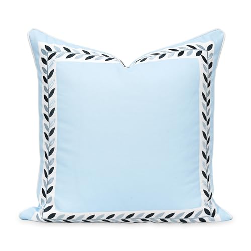 "Hofdeco Premium Coastal Patio Indoor Outdoor Throw Pillow Cover Only, 20""x20"" Water Repellent for Backyard, Couch, Baby Blue Embroidered Frame Leafs with Piping"