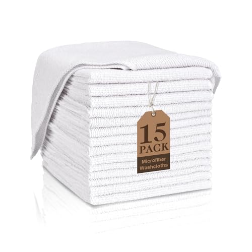 White Washcloths 15 Pack, Highly Absorbent & Quick Drying Face Towels - Face Towels, Soft Bath Towels, Multi-Purpose Microfiber Wash Cloths for Bathroom, Hotel, Spa, Gym and Kitchen, 12x12 inches