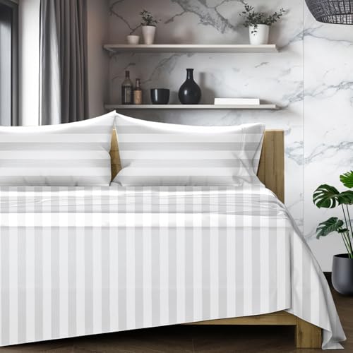 "TEXAS LINEN CO. 100% Egyptian Cotton Sheets Queen Size - 1200 Thread Count Damask 4 PC Queen Sheet Set Egyptian Cotton, Sateen Luxury Sheets, High Thread Count Sheet, 17"" Deep Pocket, White Stripe"