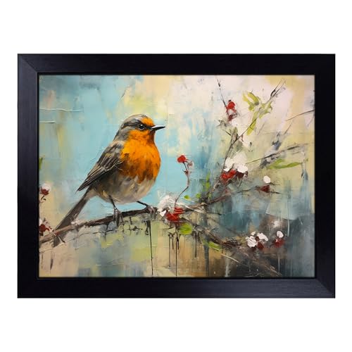 Lap Tray with Bean Bag Cushion, Robin Bird Abstract - Handmade in the UK, Raised Wooden Edge, Padded Cushion, Heat-Resistant Wipe-Clean Surface, for Meals, Laptops and Crafts