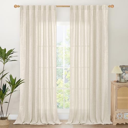 YoungsTex Linen Curtains 95 Inch Length for Living Room, Extra Long Window Treatments Light Filtering with Rod Pocket Back Tab Semi Sheer Privacy for Bedroom, 2 Panels, 52 X 95 Inch
