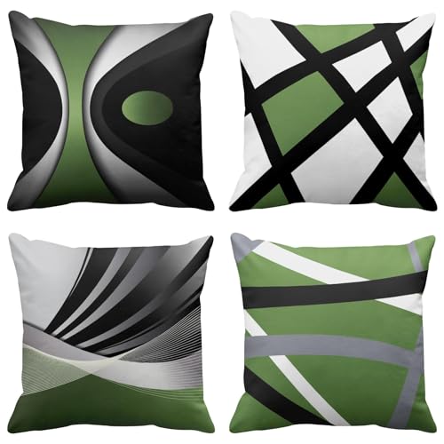 Emvency Set of 4 Green Throw Pillow Covers Modern Abstract Black Grey White Stripes Acrylic Bold Decorative Pillow Cases Home Decor Square 18x18 Inches Pillowcases