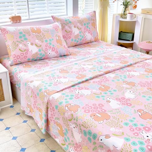 Homilay Kids Full Sheet Sets for Girls Teens - 4 Piece Cute Rabbit Breathable Soft Microfiber Bed Sheets - Easy Fit Deep Pockets Wrinkle Free - Cartoon Cozy Toddler Bedding Sets