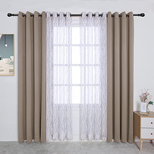 Bonzer 4 Panels Set Mix and Match Curtains for Bedroom Living Room - 2 Pieces Branch Print Sheer Curtains & 2 Pieces Blackout Curtains Thermal Grommet Window Drapes, 54x95 Inch/Panel, Taupe