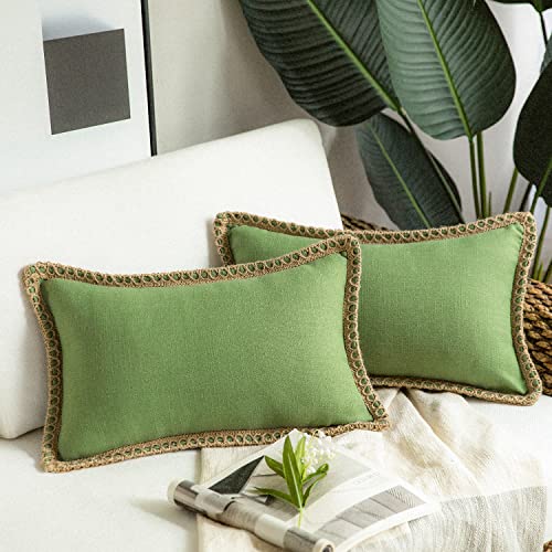Phantoscope AONELAS Pack of 2 Farmhouse Decorative Throw Pillow Covers Burlap Linen Pillow Covers Trimmed Tailored Edges Green 12 x 20 inches, 30 x 50 cm
