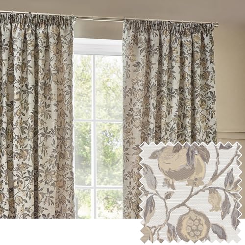 Wylder Tropics Pomegranate Floral Jacquard Pencil Pleat Curtains- 2 Panels - Width x Drop - 117 x 137cm (46 x 54) - Natural