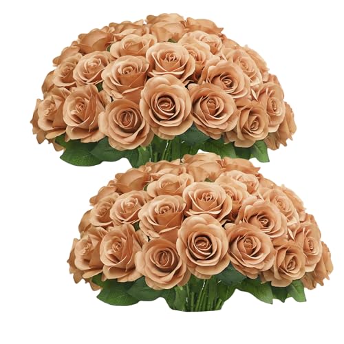 JUSMAI 50pcs Roses Artificial Flowers Terracotta Fake Roses Flowers with Long Stems Silk Flowers for Wedding Bouquet Centerpices Decorations Party Bridal Baby Shower Home Decor