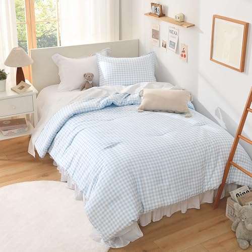 Andency Blue Checkered Comforter King(104x90Inch), Plaid Gingham Buffalo Grid Bedding Comforter Sets for Boys Kids Teens, 3 Pieces Lightweight Microfiber Geometric Preppy Bed Set