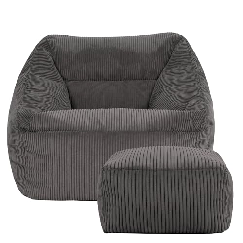 icon Natalia Cord Bean Bag Chair & Footstool with Filling Included, Grey