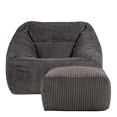 icon Natalia Cord Bean Bag Chair with Footstool, Charcoal Grey, Large Adult Bean Bag with Filling Included, Comfy Chair, Armchair, Living Room, Living Room Furniture, Bedroom Furniture