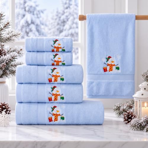 Peryiter 6 Pack Cotton Christmas Snowman Bath Towels Set Blue Winter Towels for Bathroom, Soft and Absorbent, Contains 2 Bath Cloth, 2 Hand Cloth and 2 Wash Cloths
