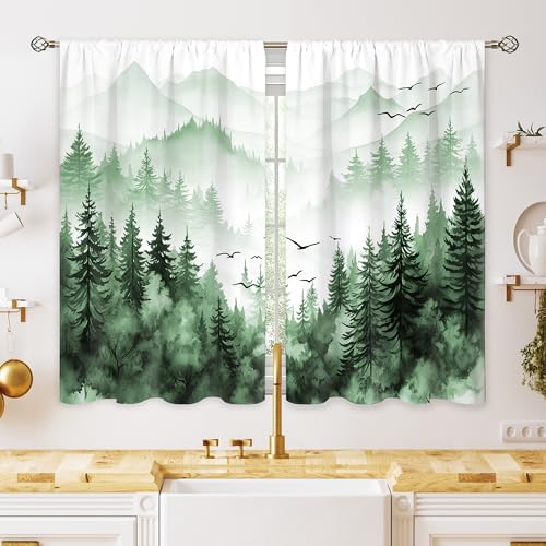 oolygoo Green Misty Forest Small Kitchen Curtains Tree Mountain Window Treatment Woodland Landscape Rod Pocket Cafe Short Curtains for Bathroom Dining Room Men Tier Treatment Drapes 27.5x39 inch