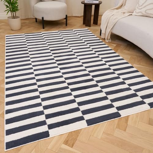 THE RUGS Living Room Rug, Loft Collection – Modern Textured 14mm Soft Pile Area Carpet, Non-Shedding & Easy Care [ Block Stripe Blue, 200x290 cm]