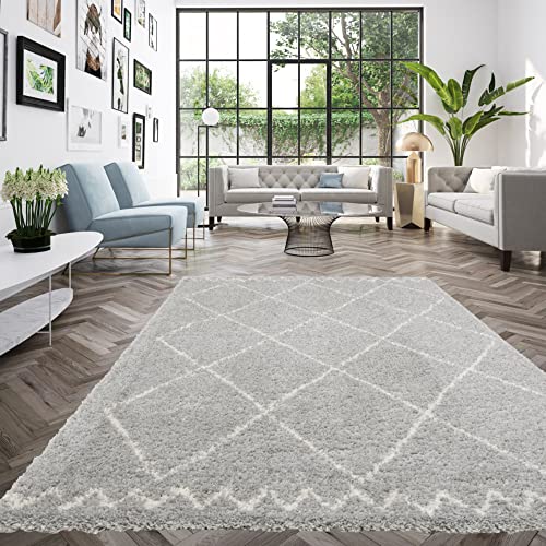 Berber Boho Rug, Shaggy Rug, Geometric Pattern, Rug 120 x 170 cm, Soft and Comfortable, Easy Care, Polypropylene, Deep Pile 30 mm, 120 x 170 cm, Grey - White