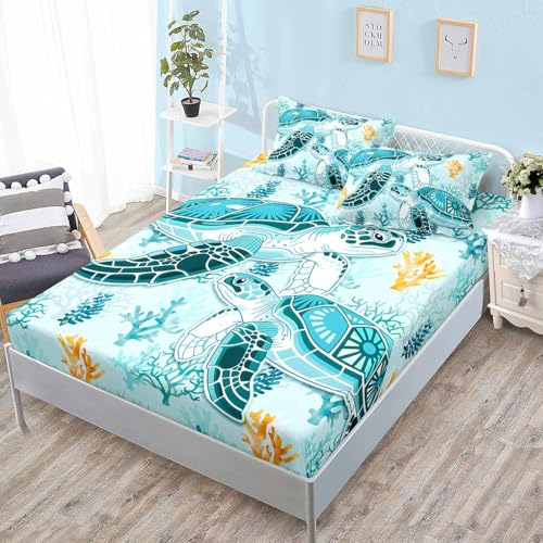 HOSIMA Coastal Sea Turtle Bedding Set Full,1 Fitted Sheet+2 Pillowcases. - Beach Themed Bedroom Fitted Sheet for Kids Teen Girls Boys Room Decor