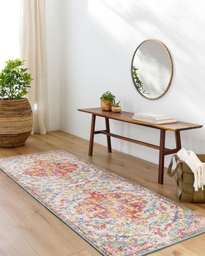 Livabliss Lou Asmara Vintage Runner 80x220 cm – Multicolour Boho Style for Hallway & Kitchen, Easy Care Floor Covering, Red Orange Teal Beige