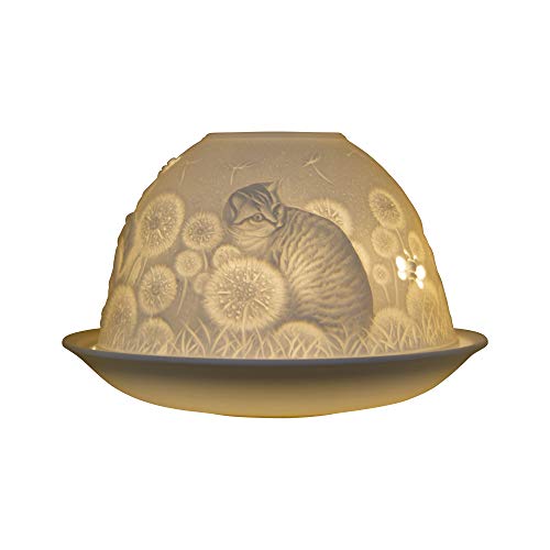 Nordic Lights Stencil Cat Porcelain Tealight Holder Dome - Candle Holder Projecting 3D Image Use With Scented Candle, LED Light - Perfect Living Room Decor Lights - Shade & Plate Set with Gift Box