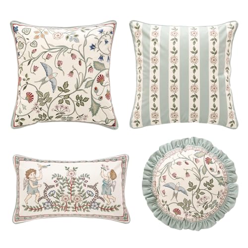 bilin gaier Throw Pillow Covers Pack of 2,Green Cozy Velvet Farmhouse with Birds and Floral Pattern Pillowcases,Decoration Square Round Lumbar Pillows Cushion Covers for Couch Sofa Bed Car Chair