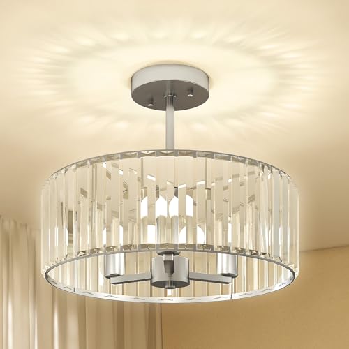 HOMCOM Crystal Ceiling Light Fixture, Semi Flush Mount Modern Crystal Chandelier Ceiling Light for Living Room, Bedroom, Hallway, Dining Room, E14 Base 3-Lights, Bulbs Not Included, Silver Tone