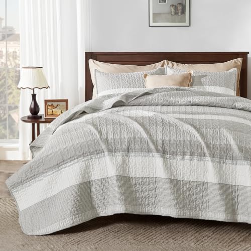 "Andency California King Quilt Set Linen Grey, 3 Pieces Bedspreads - Ultra Soft Lightweight Cal King Coverlets Set, Patchwork Striped Quilted Bedding Sets for All Seasons (112""x104"")"