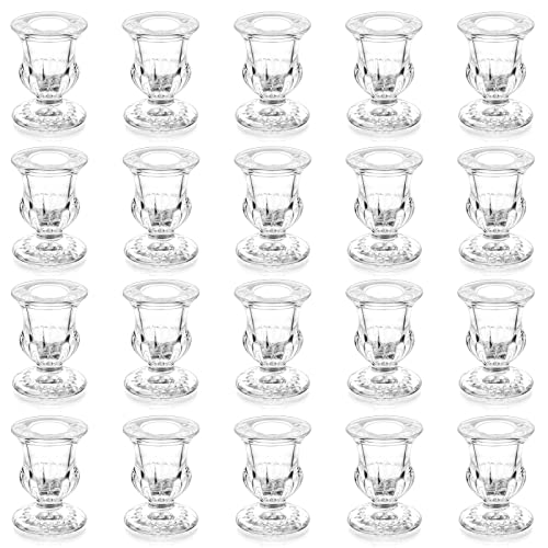 Romadedi Glass Taper Candle Holders - Clear Small Candlestick Holder Bulk, Thicker Glass Candle Sticks Set for Wedding Christmas Party Dining Table Table Centerpiece Decor, 20Pcs