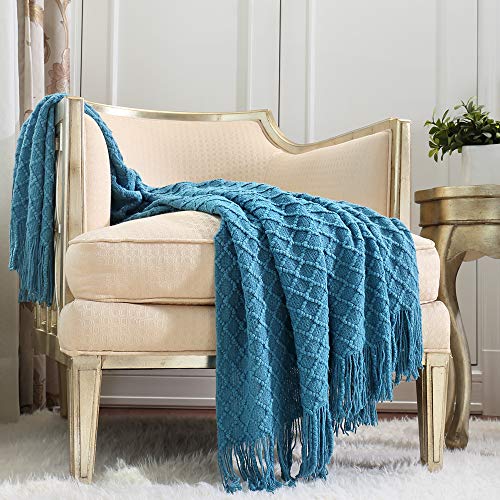 CREVENT Cuddle Knitted Textured Throw Blanket with Fringes for Couch Sofa Chair Bed, Soft Cozy Light Weight Fluffy and Plush (127cmX152cm Turquoise)
