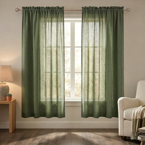 Olive Green Curtains 63 Inch L Living Room 2 Panels Rod Pocket Linen Light Filtering Semi Sheer Loden Fabric Dining Room Boys Kids Baby Room Kitchen Modern Country Boho Decor