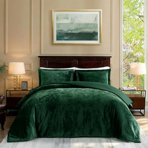 "TAMGHO Velvet Comforter Queen, Luxuriously Soft Queen Comforter Set, Lightweight Bedding Set for All Seasons, Comforter (92""x96"") with 2 Matching Shams (20""x26""), Dark Emerald Green"