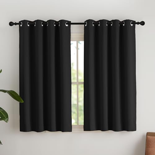 NICETOWN Black Curtains, Opaque Curtains for Small Windows, Blackout Curtain Eyelets, Set of 2, H 145 x W 140 cm, Window Curtain, Short Thermal Curtain, Cold Protection, Black Out Curtains, H 145 x W