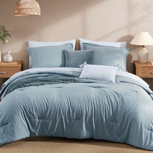 Monbix Oversized Queen Size Comforter Set - 7 Pieces Dusty Blue Prewashed Bed in a Bag Bedding Sets with Comforters, All Seasons Ultra Soft Comforter Bed Set with Sheets, Pillowcases & Shams