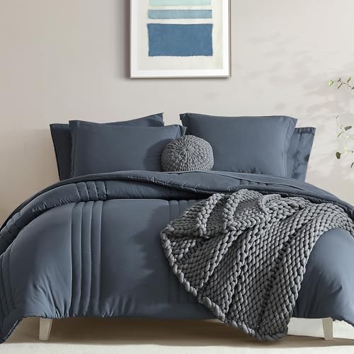 Oversized Queen Comforter Set-7 Pieces Soft Bed in a Bag Queen Bedding Sets - Monbix All-Season Vertical Quilted Comforter with Sheets, Pillow Shams & Pillowcases, Blue Grey
