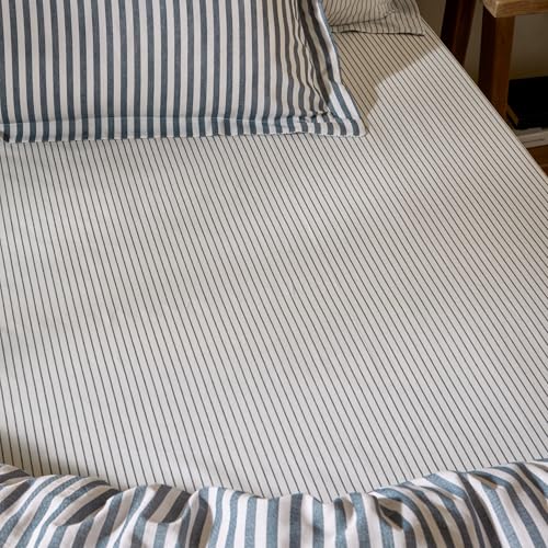 Yard Hebden Narrow Stripe Fitted Sheet – Ultra Soft 100% Cotton Striped Bed Sheet (Navy – Double – 137x190x32cm)