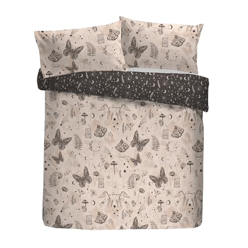 Fusion Duvet Cover Set, 52% Recycled Polyester 48% Cotton, Single 140x200cm, Grey, Hand Drawn Print with Celestial Pattern