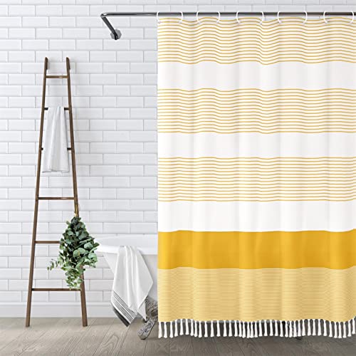 "Awellife Boho Yellow Shower Curtain for Bathroom Farmhouse Cotton Stripe Tassel Shower Curtain Natural Texture 72"" L x 48"" W"