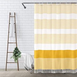 "Awellife Boho Yellow Shower Curtain for Bathroom Farmhouse Cotton Stripe Tassel Shower Curtain Natural Texture 72"" L x 48"" W"