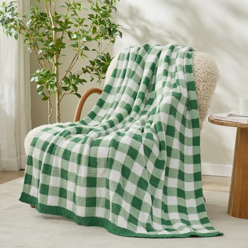 Snuggle Sac Buffalo Plaid Bedding Blanket Twin Size, Super Soft, Cozy Warm Knit Decorative Blankets, Reversible Plaid Fluffy Throws for Bed, Plaid Green, 60x80 Inches
