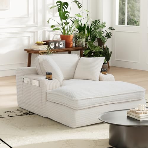 COLAMY Chaise Lounge Chair, Corduroy Single Sofa Bed with Pillow & Cup Holders, Double Layer Cushion Lounger Chair for Living Room, Bedroom or Guest Room, No Assembly Needed, Beige