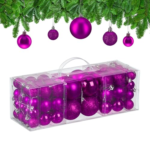Relaxdays Christmas Baubles, Set of 76, Tree Ornaments, Holiday Decorations, Plastic, Glittery, Matte & Shiny, Violet
