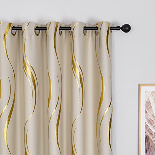MYRU 2 Panels Set Foil Print Striped Curtains for Living Room Bedroom (Beige and Gold, 2 x 54Wx96L)