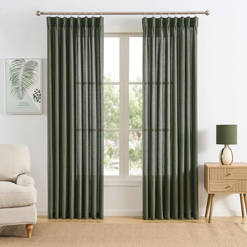 RAIN CITY Loden Olive Linen Pinch Pleated Semi Sheer Curtains 2 Panels 50x92