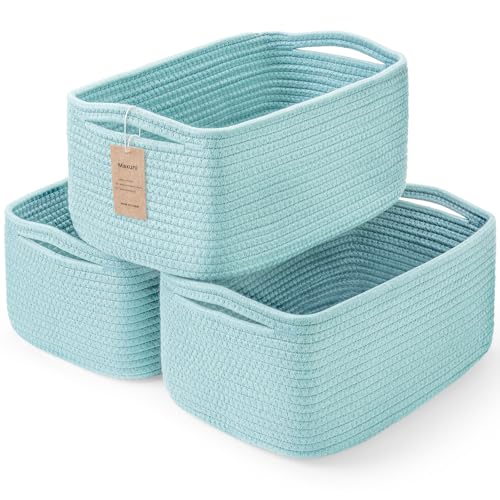 Maxuni 3-Pack Storage Baskets for Organizing - Woven Shelf Toy Basket - Rope Baskets for Gifts Empty - Closet Organizer Bins with Handles - Cube Decorative Box - 13.7??7.1??6.7??? - Light Blue