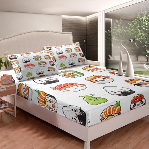Feelyou Sushi Pattern Bedding Set Japanese-Style Bed Sheet Set for Kids Boys Girls Teens Food Theme Fitted Sheet Cute Cartoon Japanese Sushi Bed Cover Room Decor Full Size