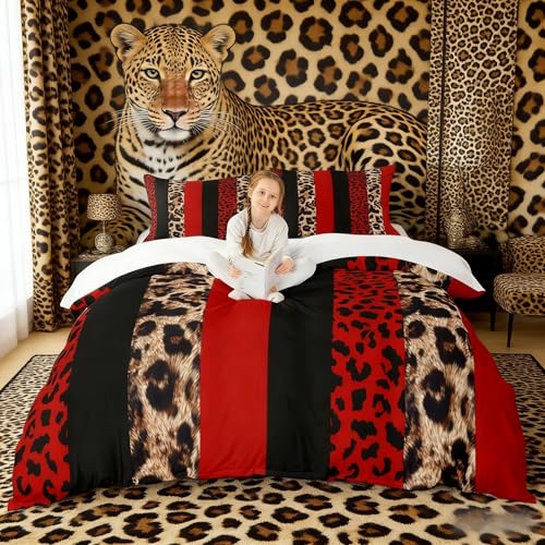 Leopard Print Kids Duvet Cover Set Queen Size,Cheetah Skin Fashion Bedding Set,Girls Boys Adults Room Decor,Geometric Stripes Patchwork Comforter Cover,Red Black Brown Quilt Cover,2 Pillowcases