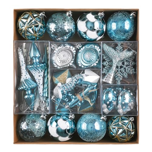 Valery Madelyn Christmas Ornaments Tree Decorations Set, 60ct Light Blue and Silver Shatterproof Christmas Balls Bulk, Summer Beach Coastal Ocean Nautical Marine Hanging Seafair Xmas Holiday Decor