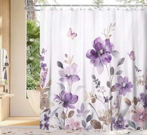 Purple Floral Shower Curtain, Farm Watercolor Flower Leaves and Butterfly on Country Wooden Shower Curtain for Bathroom, Rustic Farmhous Waterproof Fabric Shower Curtain with 12PCS Hooks, 70X75IN