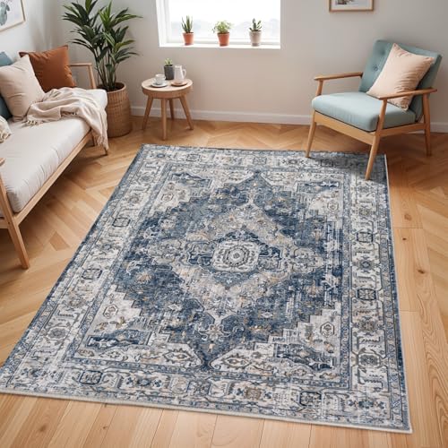 Livabliss London Vintage Rug - Area Rugs for Living Room 120x170 cm, Bedroom - Scandi Neutral Rug, Traditional Patterned Boho Rug Style, Natural Easy Care Pile - Large Rug, Blue and Grey Rug