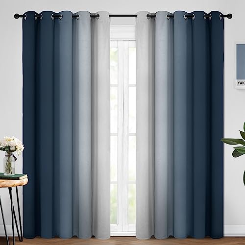 Yakamok Room Darkening Ombre Curtains 84 Inch Length, Navy Blue and Greyish White Thermal Gradient Color Curtains,Light Blocking Window Drapes Bedroom,62 Width,2 Panels, navy