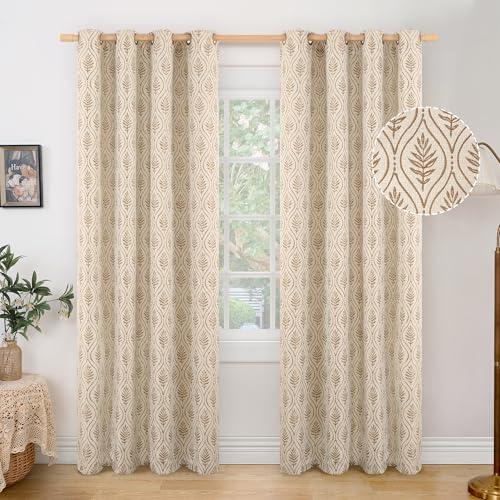 BGment Taupe Curtains for Living Room 84 Inches Long, Natural French Country Curtains Sheer Linen Grommet Window Drapes Boho Leaf Jacquard Patterned for Farmhouse Bedroom, 2 Panels Set, 52 x 84 Inch